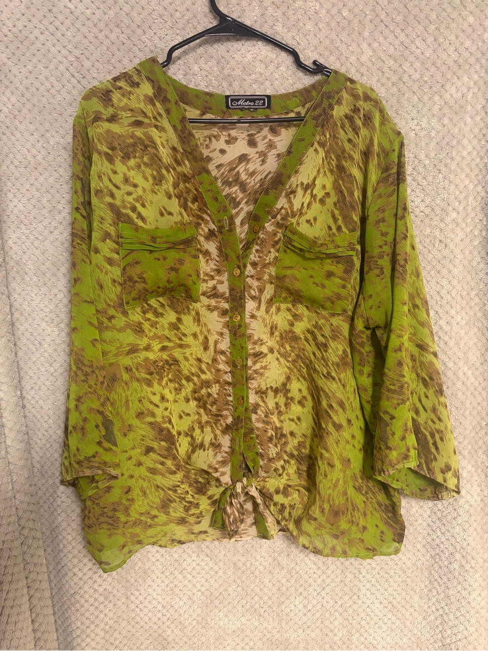 Metro mesh Lime Green & Brown Button-Front Tie Blouse